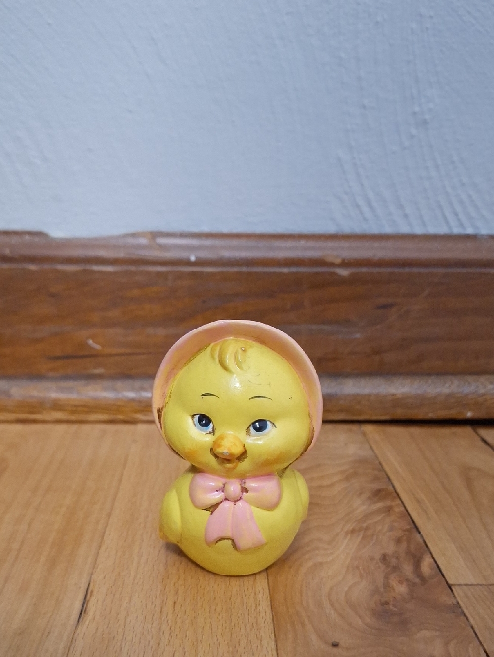 Vintage Yellow Chick Figurine with Pink Hood and Bow